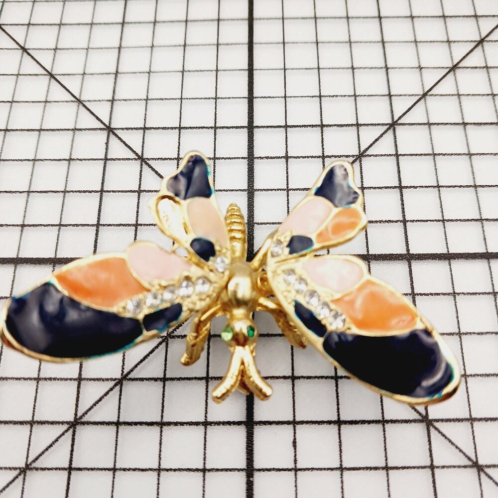 Brooch Pin VTG Butterfly Spring Wings Articulated Enamel Rhinestone Gold Tone 90